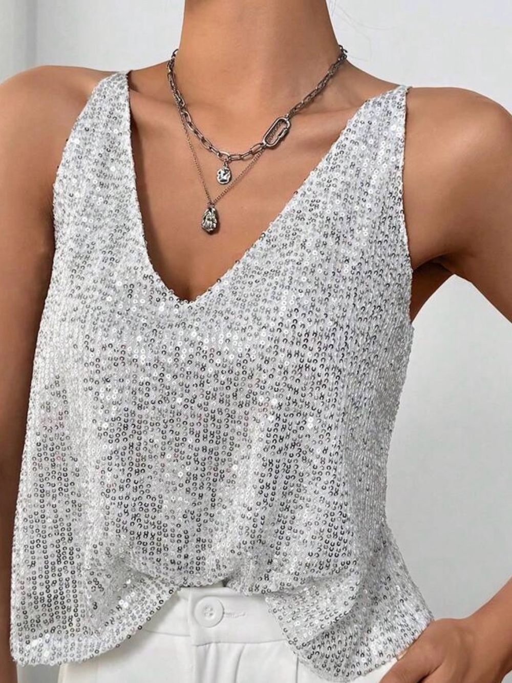 SHEIN Silver Sequin V-Neck Camisole